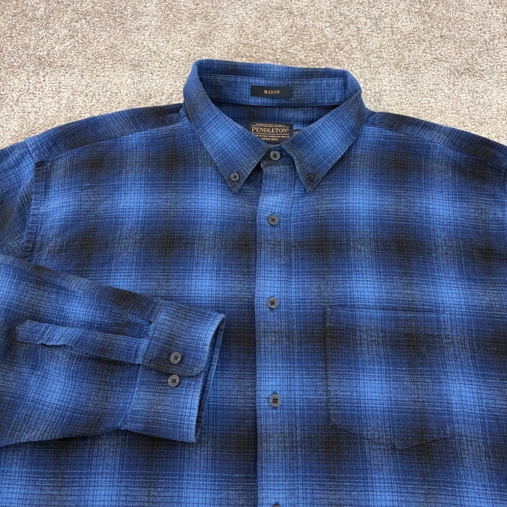 Pendleton Mason Mens XXL Blue Black Flannel Plaid Cotton Button Down Shirt Ombre